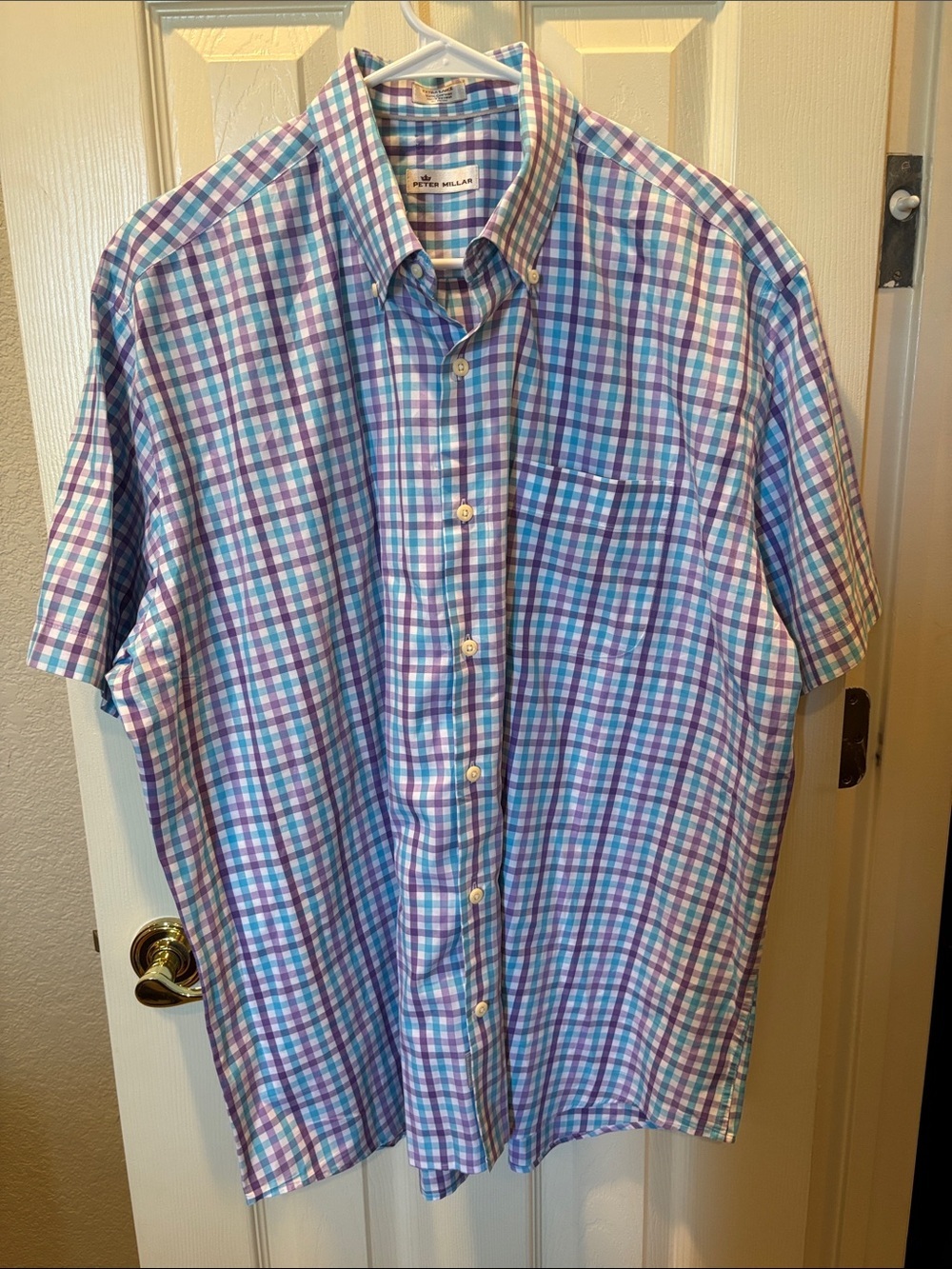 Peter Millar Men's Short Sleeve Plaid Button Down Shirt Purple Blue XL